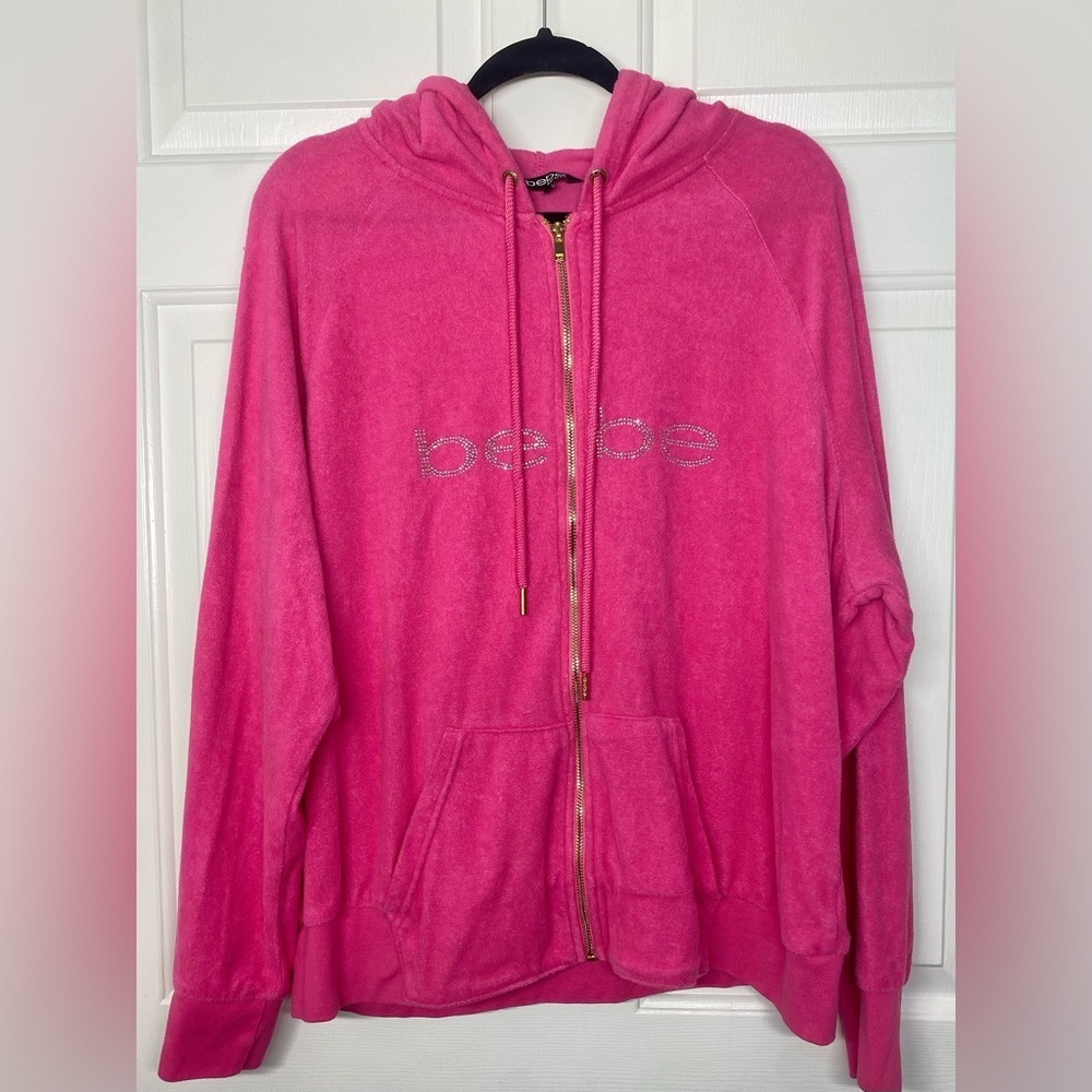 Bebe Pink Gold Vintage y2k Rhinestone bedazzled Velvet Velour Track Jacket 2X